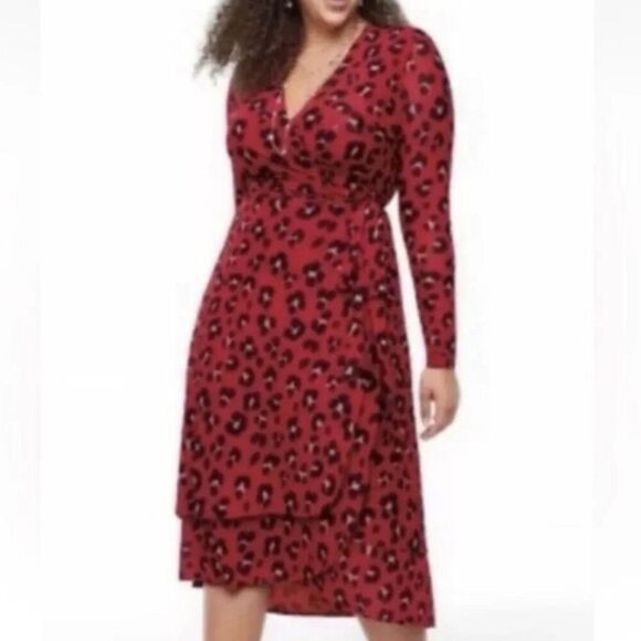 CAbi #5571 Vivian Siren Red Leopard Animal Print Long Sleeve Wrap Midi Dress XXL - Picture 1 of 12